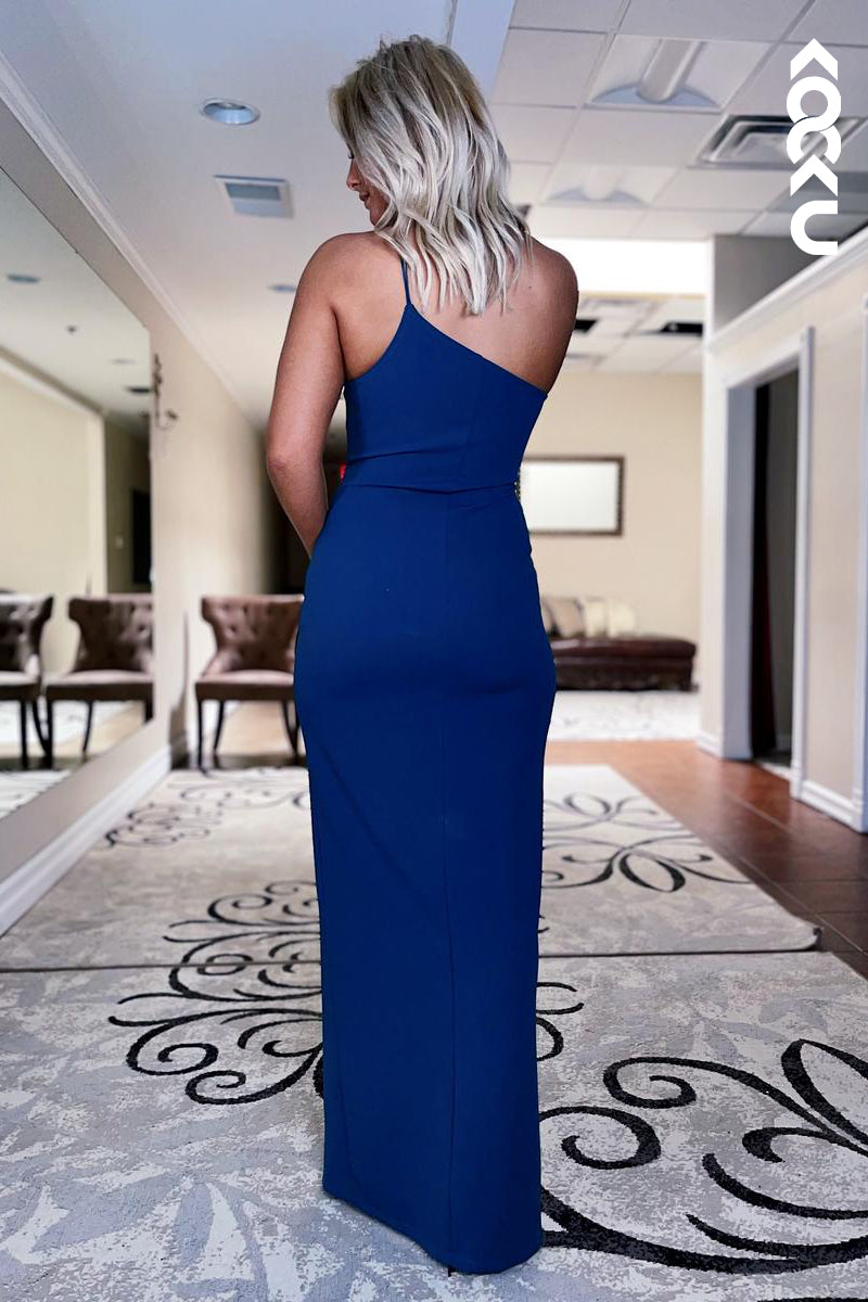 L2590 - Couture & Ornate One Shoulder Sleeveless Sheath Side Slit Prom Dress