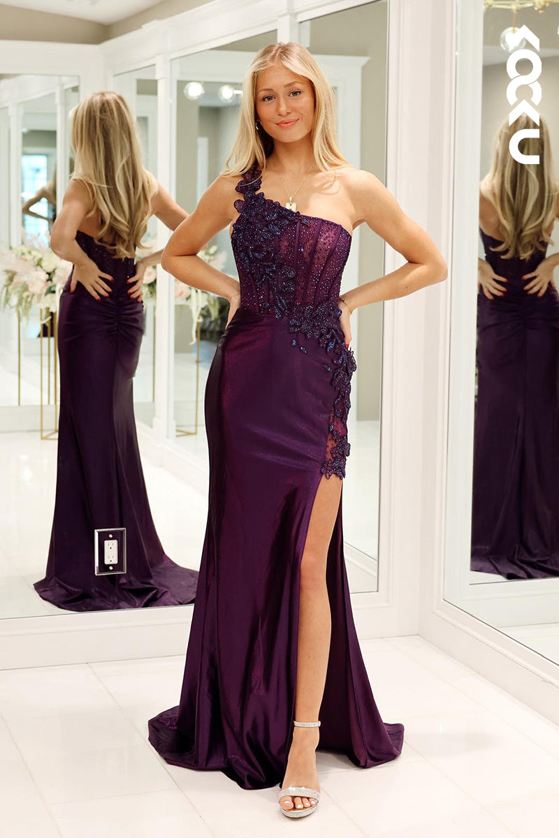 L2791 -  Sexy & Hot One Shoulder Side Slit Sheath Prom Dress With Applique