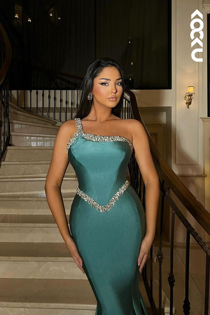 L2654 - Elegant & Luxurious One Shoulder Sleeveless Mermaid Evening Prom Dress With Rhinestones