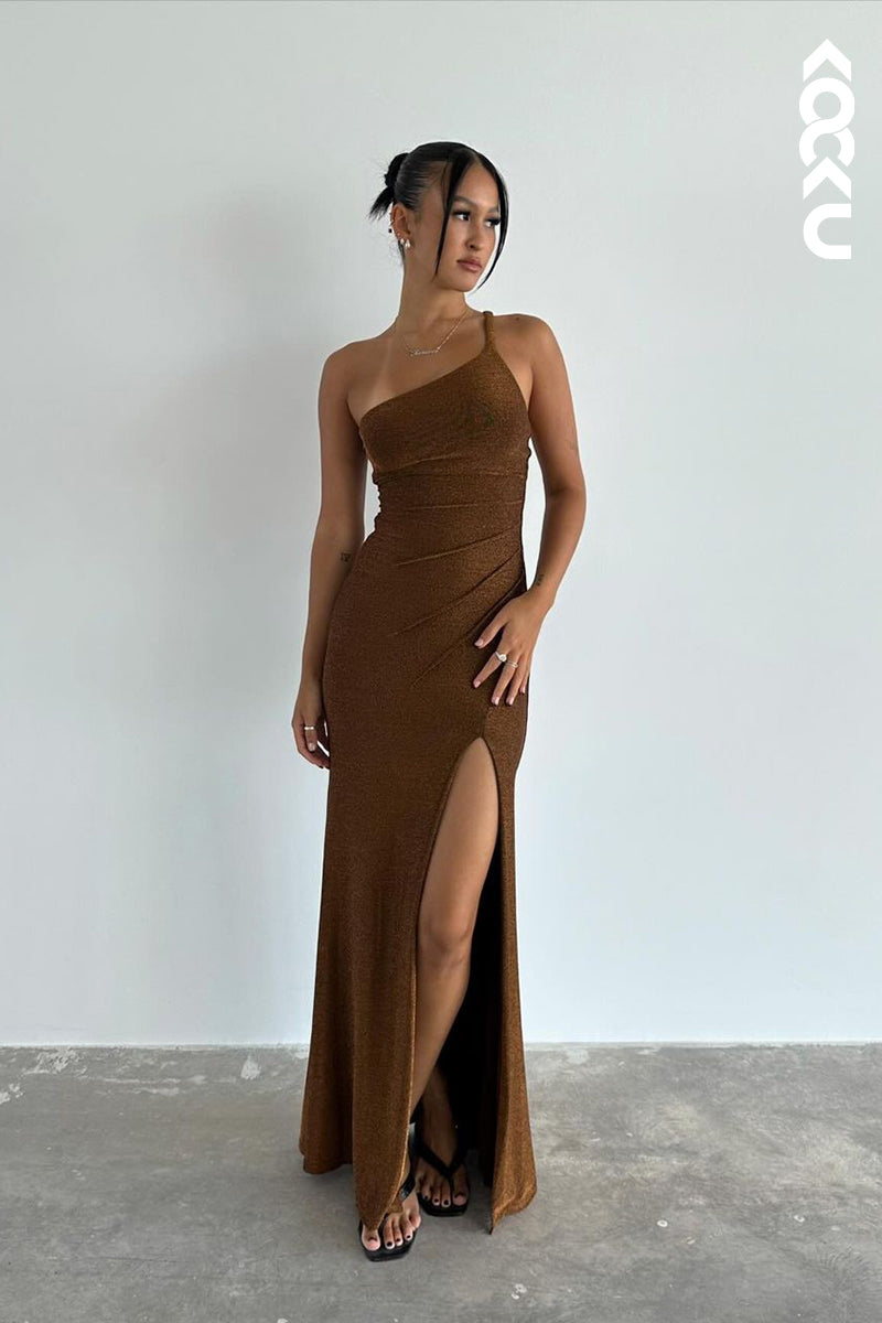 L2710 - Simple & Casual One Shoulder Sleeveless Backless Sheath Party Prom Dress With Slit