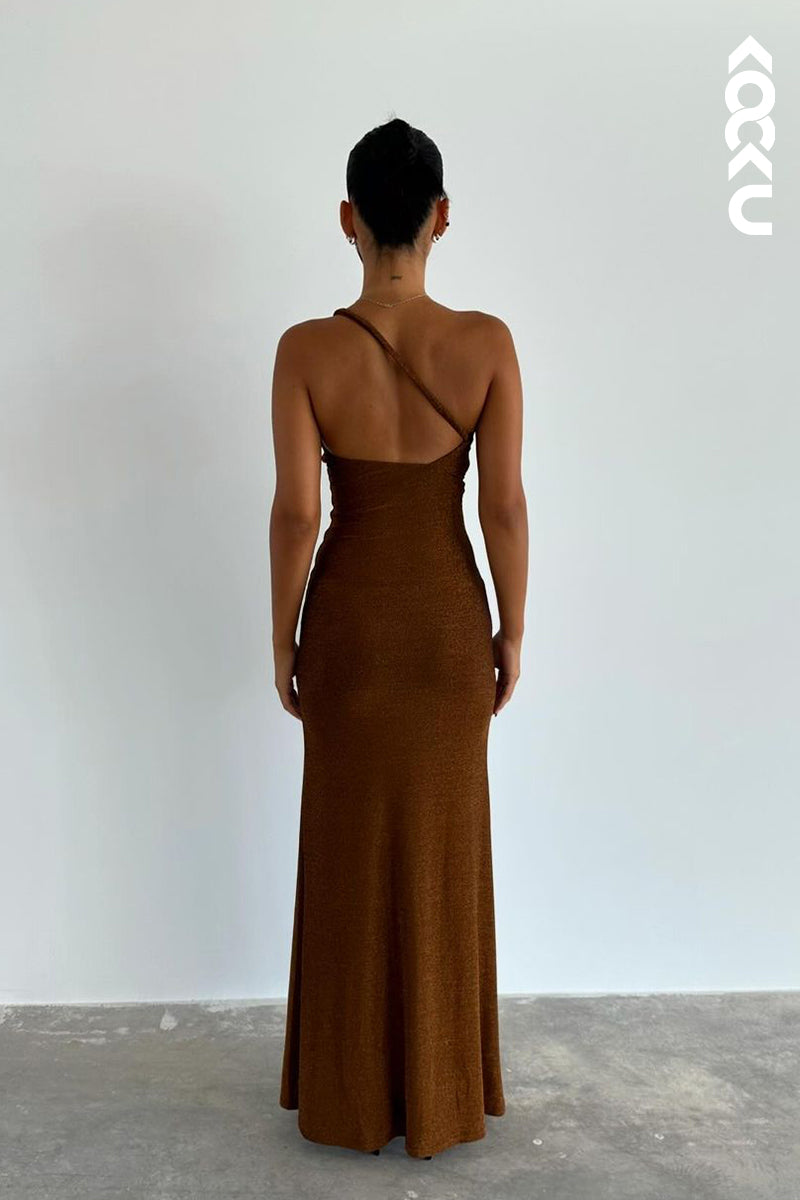 L2710 - Simple & Casual One Shoulder Sleeveless Backless Sheath Party Prom Dress With Slit