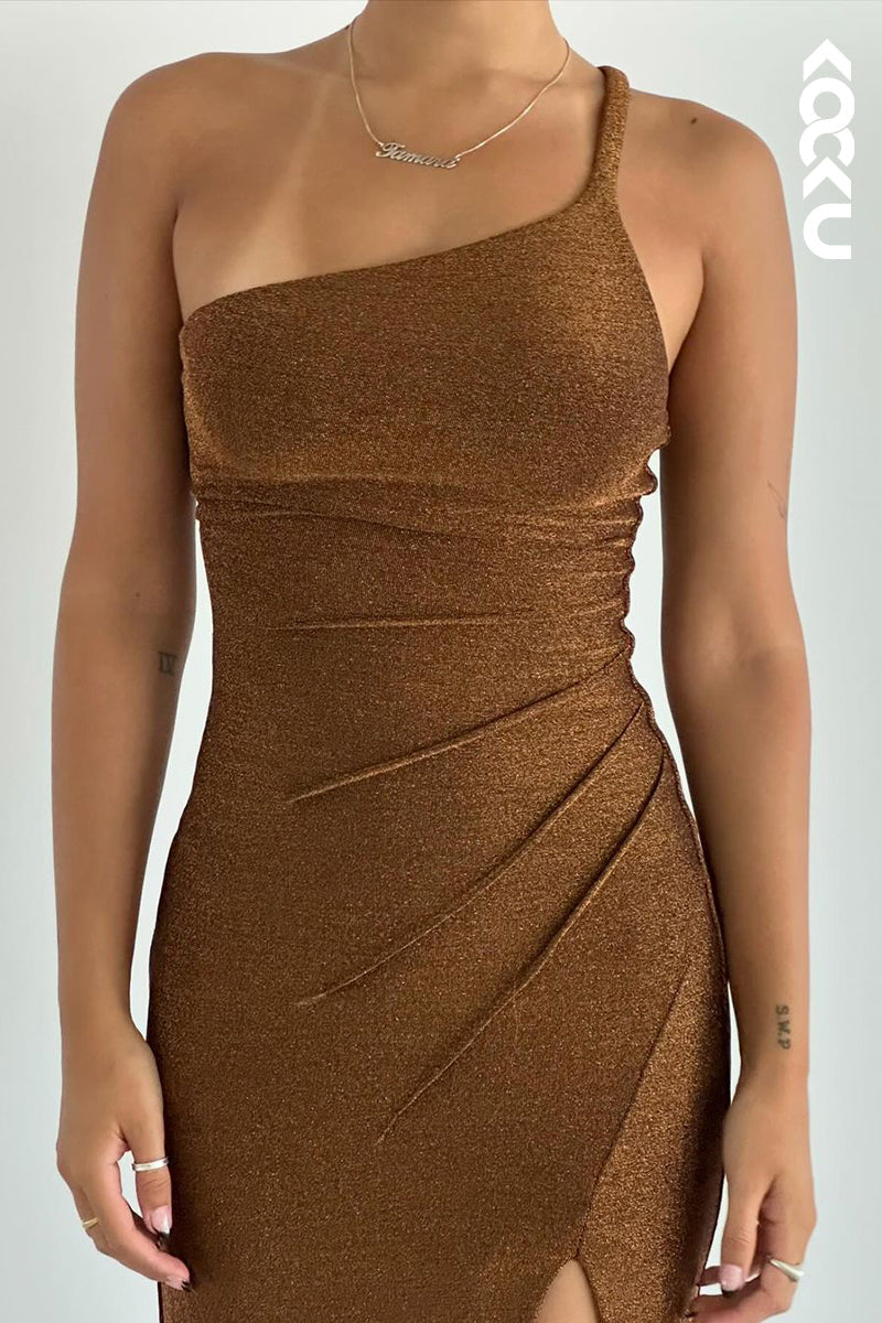 L2710 - Simple & Casual One Shoulder Sleeveless Backless Sheath Party Prom Dress With Slit