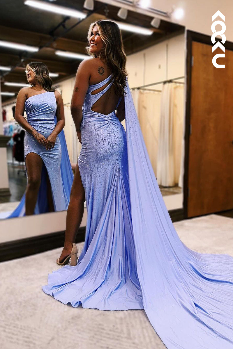 L2464 - Simple & Morden One Shoulder Sleeveless Sheath Side Slit Evening Party Prom Dress