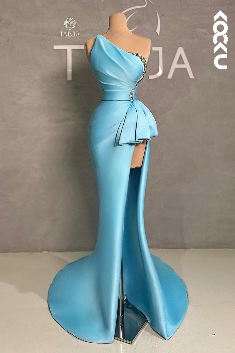 L2717 - Gorgeous & Charming One Shoulder Sleeveless Trumpet Ruched Slit Prom Dress