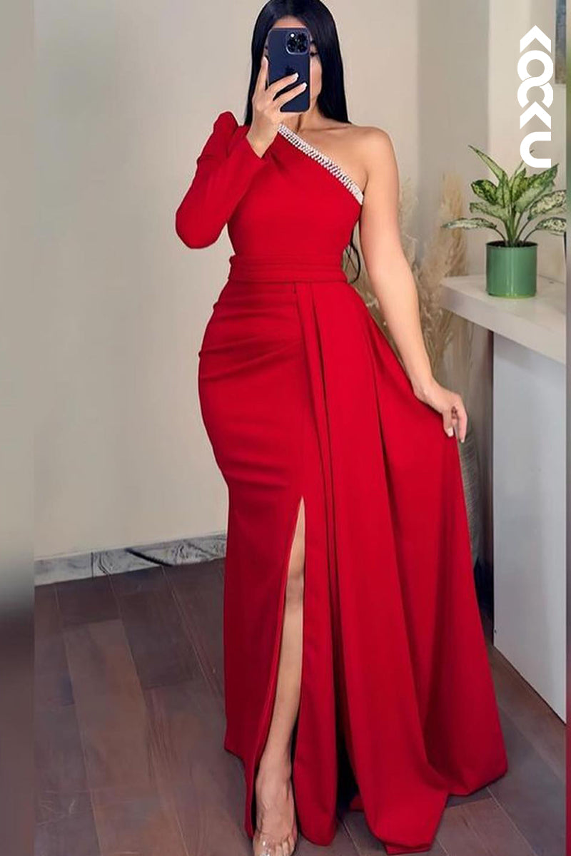 L2217 - Simple & Casual One-Shoulder Sheath Slit Ruched Party Prom Dress