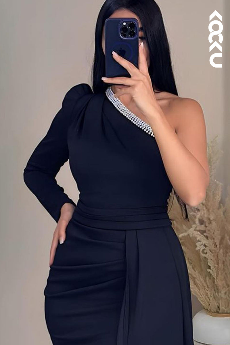 L2217 - Simple & Casual One-Shoulder Sheath Slit Ruched Party Prom Dress