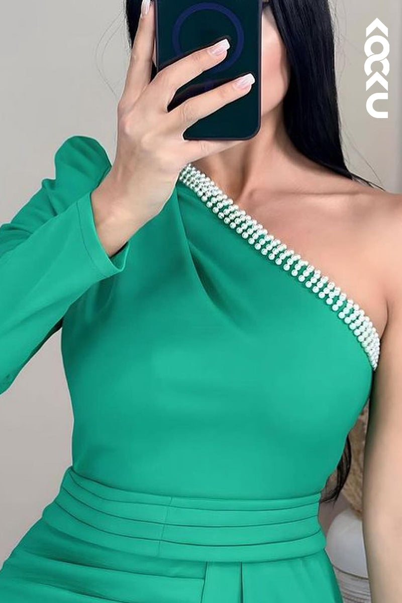 L2217 - Simple & Casual One-Shoulder Sheath Slit Ruched Party Prom Dress