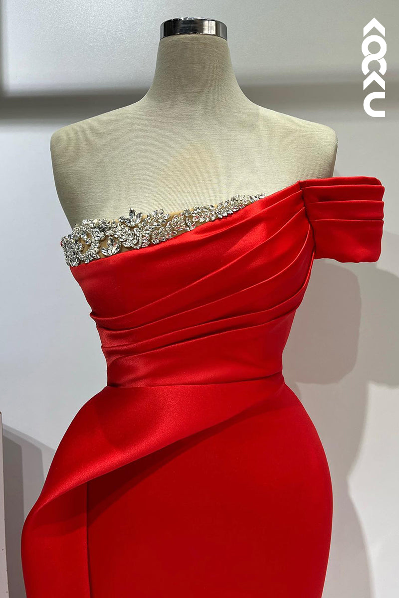 L2702 - Couture & Ornate Off-Shoulder Cap Sleeves Ruched Side Slit Rhinestones Prom Dress