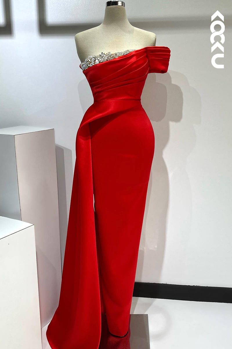 L2702 - Couture & Ornate Off-Shoulder Cap Sleeves Ruched Side Slit Rhinestones Prom Dress