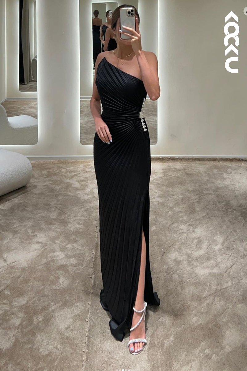 L2421 - Simple & Casual Strapless Sleeveless Ruched Slit Formal Prom Dress