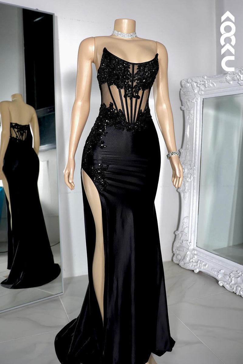L2848 - Sexy & Hot Scoop Sleeveless Applique Sheath Side Slit Evening Party Prom Dress