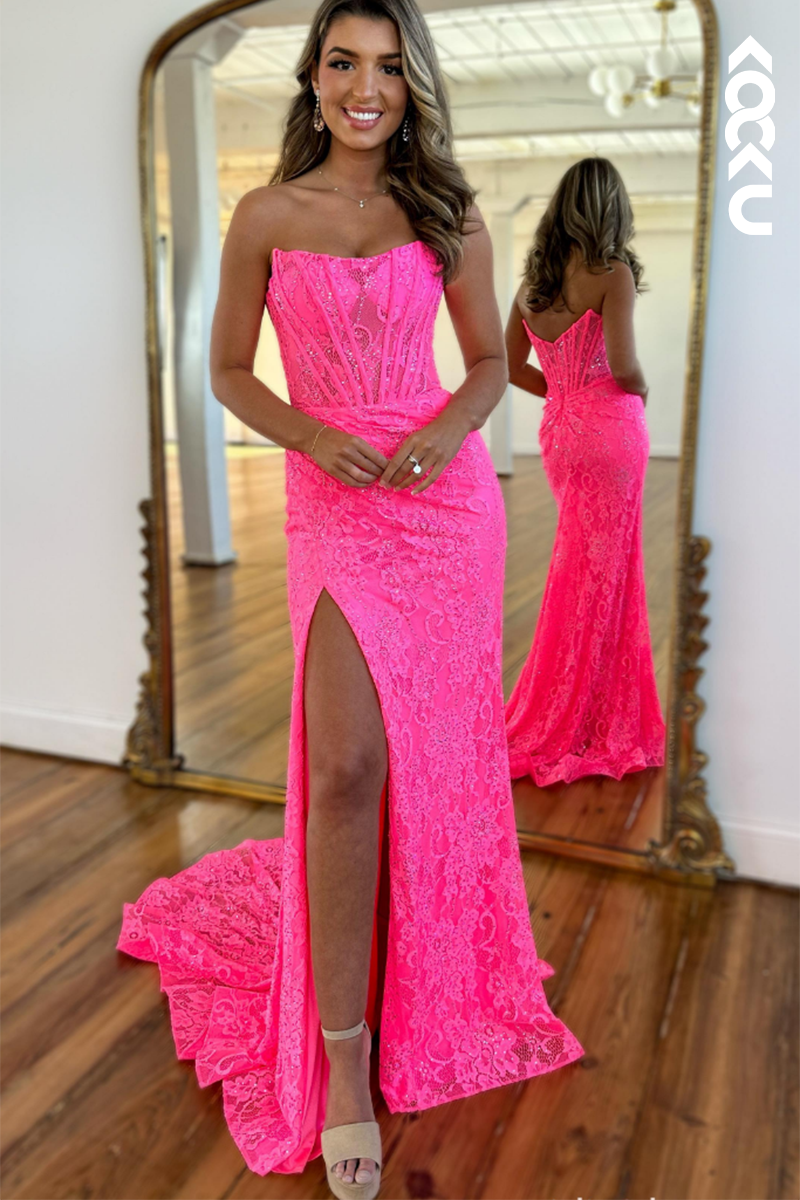 L2656 - Elegant & Luxurious Off-Shoulder Sleeveless Side Slit Trumpet Applique Prom Dress