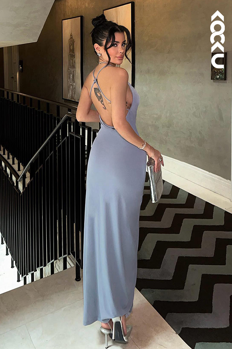 L2836 - Simple & Casual Halter Spaghetti Straps Sheath Backless Party Prom Dress