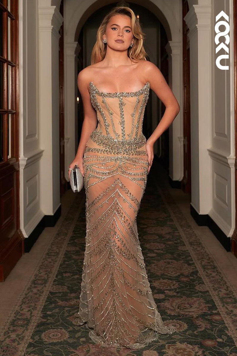 L2995 - Couture & Ornate Off-Shoulder Sleeveless Sparkly Sheath Evening Party Prom Dress