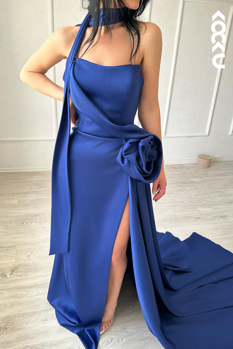 L2771 - Elegant & Luxurious Halter Sleeveless Side Slit Sheath Prom Dress With Flower