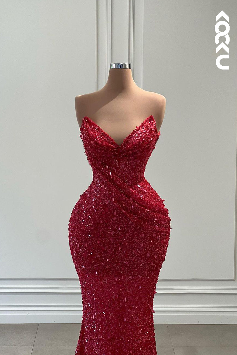 L2368 - Sparkly Red Sequins V-Neck Sleeveless Mermaid Evening Prom Dress