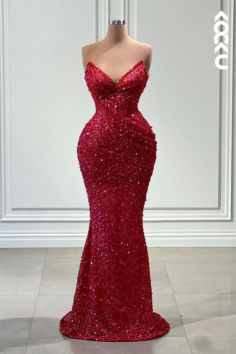 L2368 - Sparkly Red Sequins V-Neck Sleeveless Mermaid Evening Prom Dress