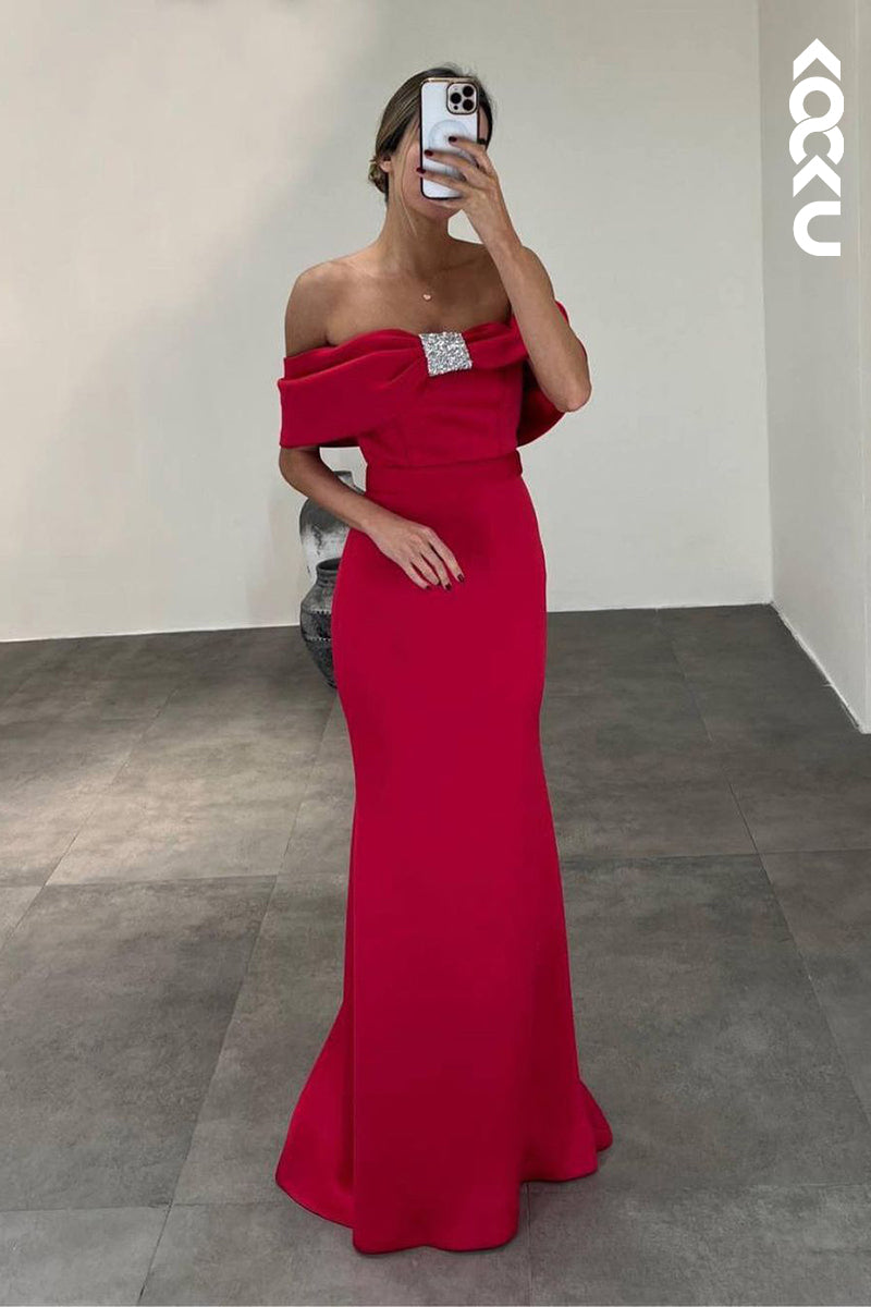 L2395 - Red Off-Shoulder Cap Sleeves Sheath Rhinestone Formal Prom Dress