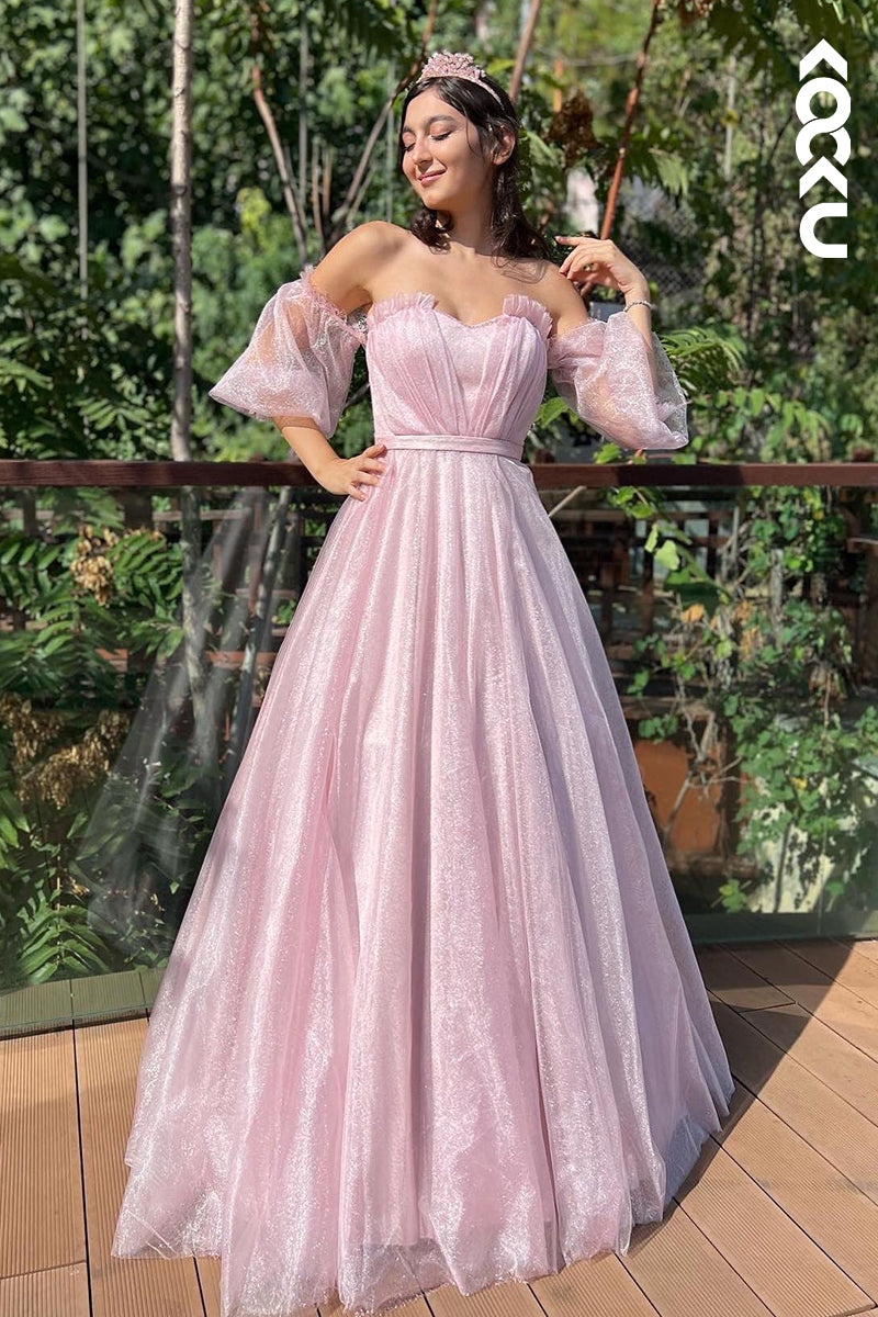L2957 - Glamorous & Dramatic A-line Short Sleeves Off-Shoudler Sparkly Tulle Formal Party Prom Dress