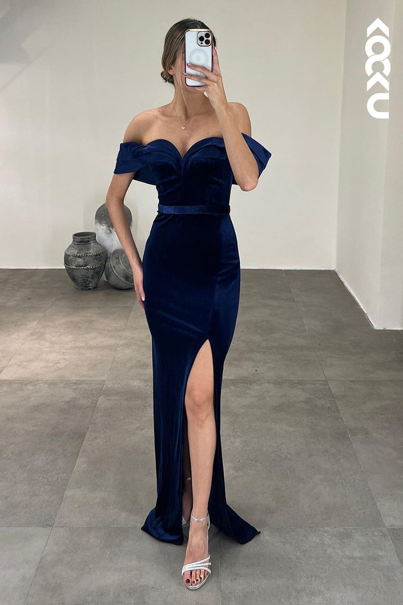 L2396 - Classic Off-Shoulder Cap sleeves Sheath Formal Prom Dress