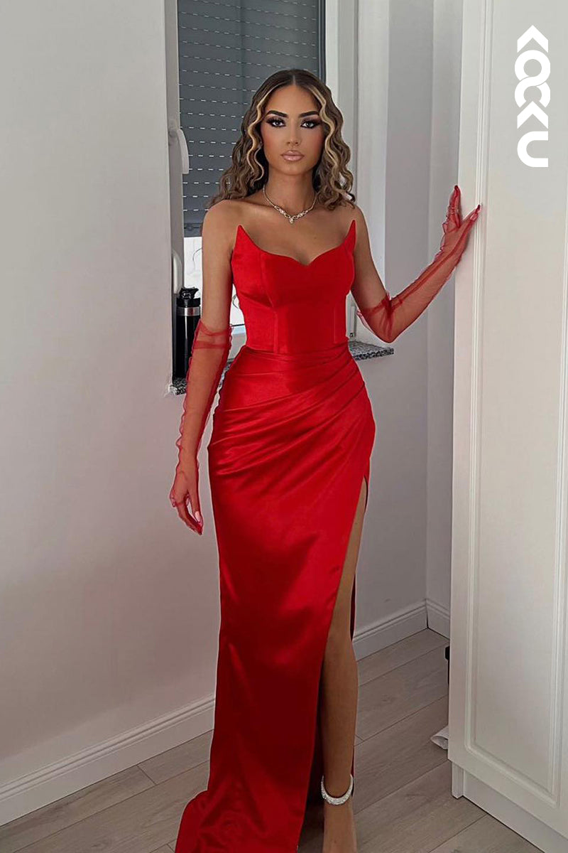 L2764 - Simple & Casual Scoop Sleeveless Ruched Side Slit Sexy Evening Party Prom Dress