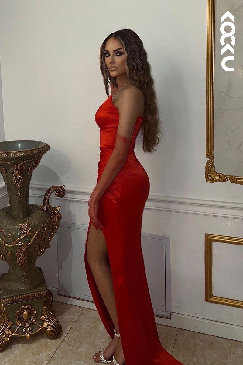 L2764 - Simple & Casual Scoop Sleeveless Ruched Side Slit Sexy Evening Party Prom Dress