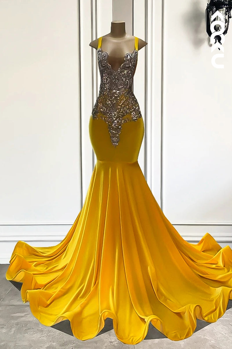 L2823 - Trumpet/Mermaid Ruffles V-neck Straps Rhinstones Formal Party Prom Dress
