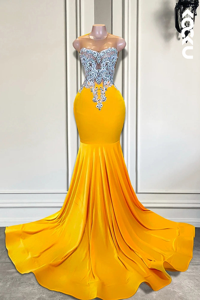 L2824 - Gorgeous & Charming Sleeveless Ruffles mermaid Rhinestones Prom Dress