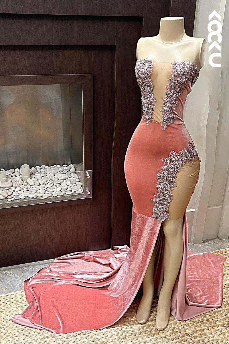 L3020 - Elegant & Luxurious Off-Shoudler Sleeveless Mermaid High Side Slit Party Prom Dress