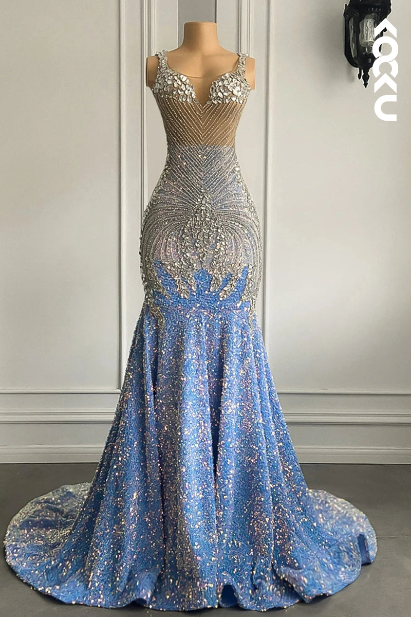 L2817 - Glamorous & Dramatic Ruffles Rhinestones V-neck Sleeveless Sequins Evening Prom Dress