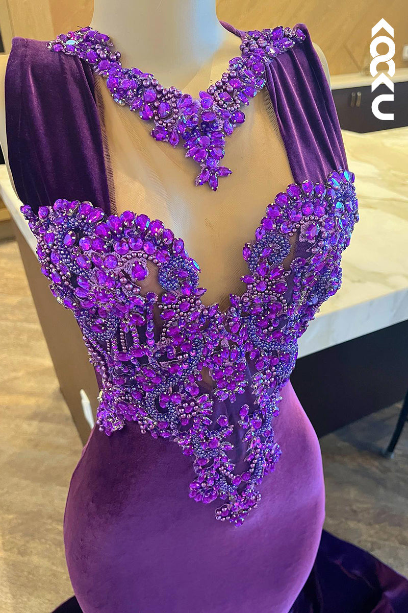 L3019 - Glamorous & Dramatic V-Neck Sleeveless Mermaid Vevlt Rhinestones Mermaid Prom Dress