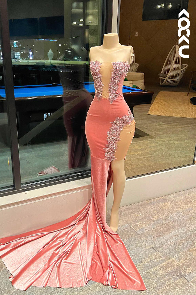 L3020 - Elegant & Luxurious Off-Shoudler Sleeveless Mermaid High Side Slit Party Prom Dress
