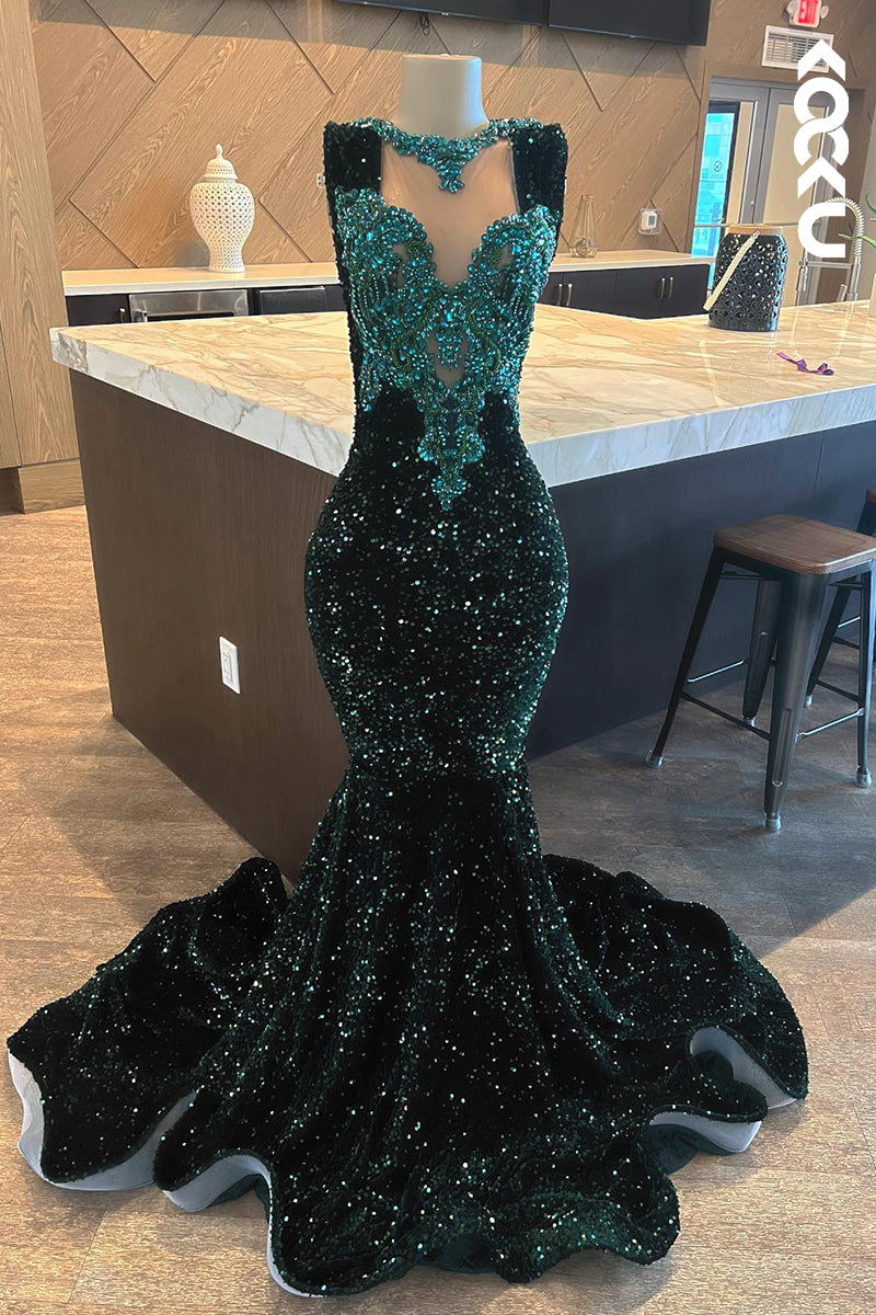 L3018 - Couture & Ornate Sleeveless V-Neck Mermaid Sequins Evening Party Prom Dress