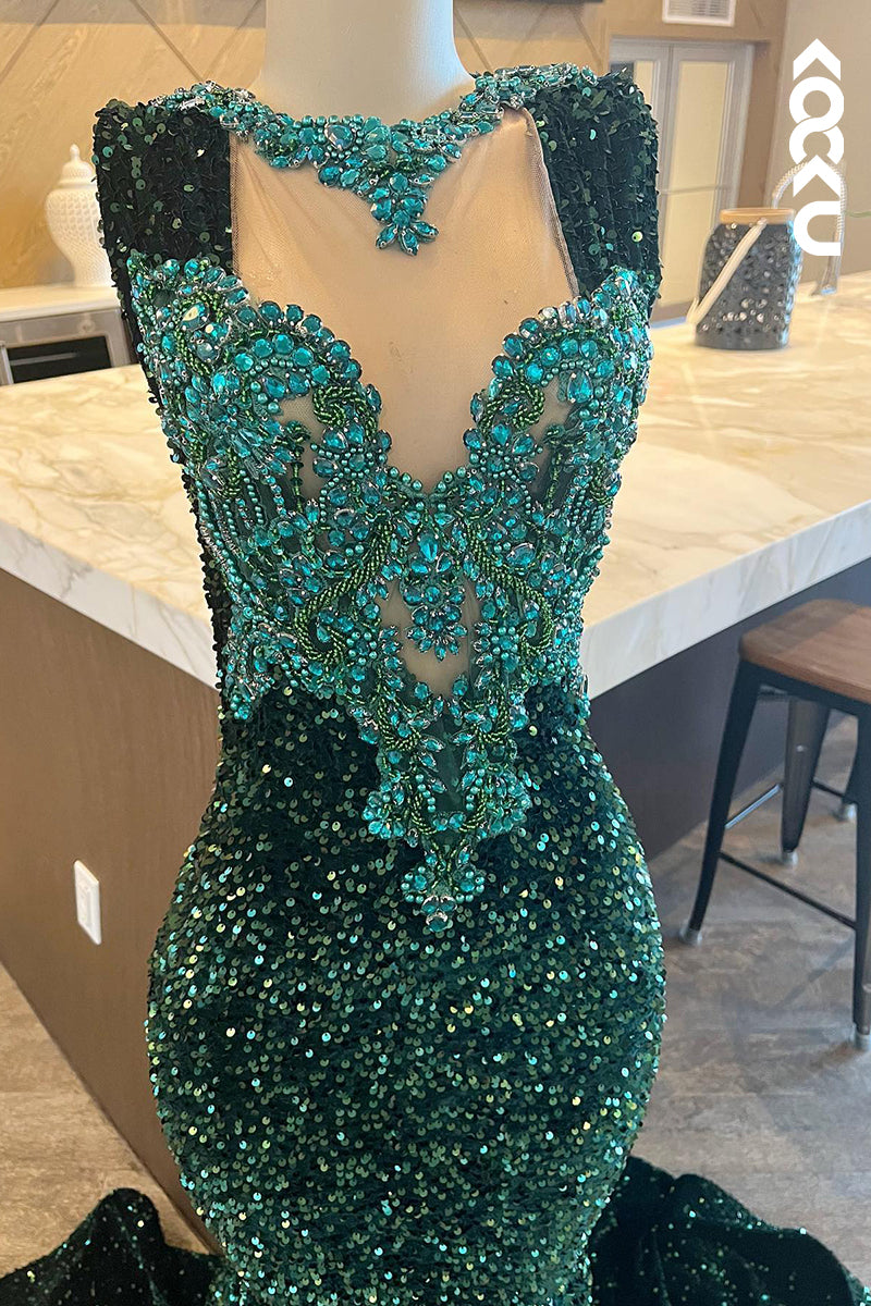 L3018 - Couture & Ornate Sleeveless V-Neck Mermaid Sequins Evening Party Prom Dress
