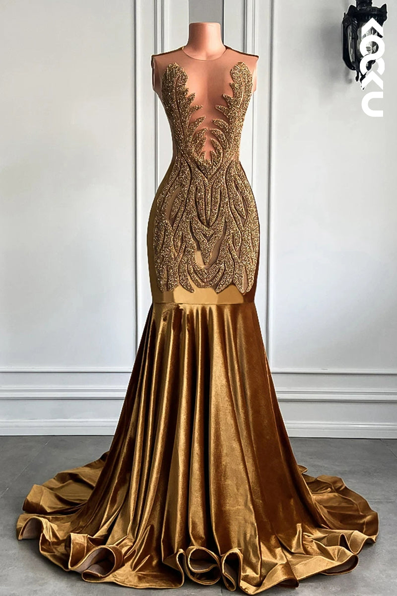 L2830 - Couture & Ornate Ruffles Fully Sequins Mermaid Deep V-neck Sleeveless Prom Dress