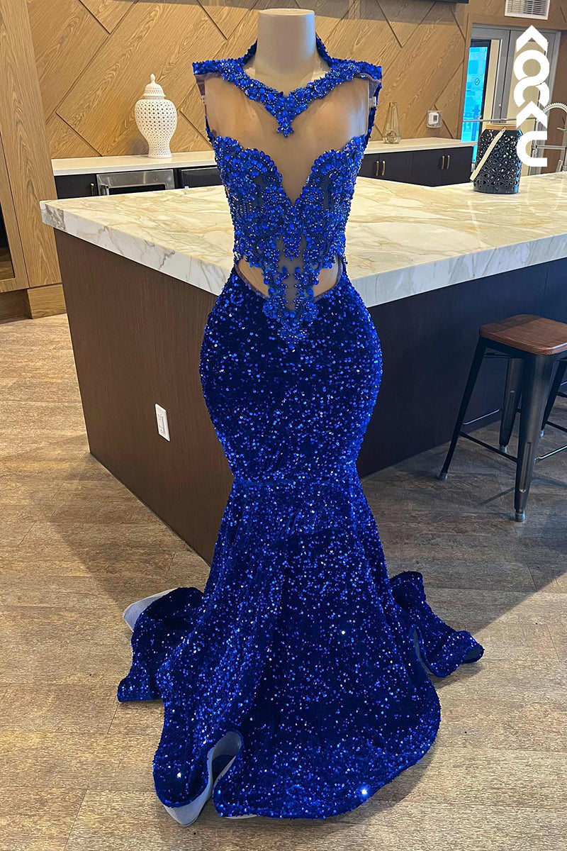 L3017 - Glamorous & Dramatic V-Neck Sleeveless Sequins Royal Blue Mermaid Evening Prom Dress