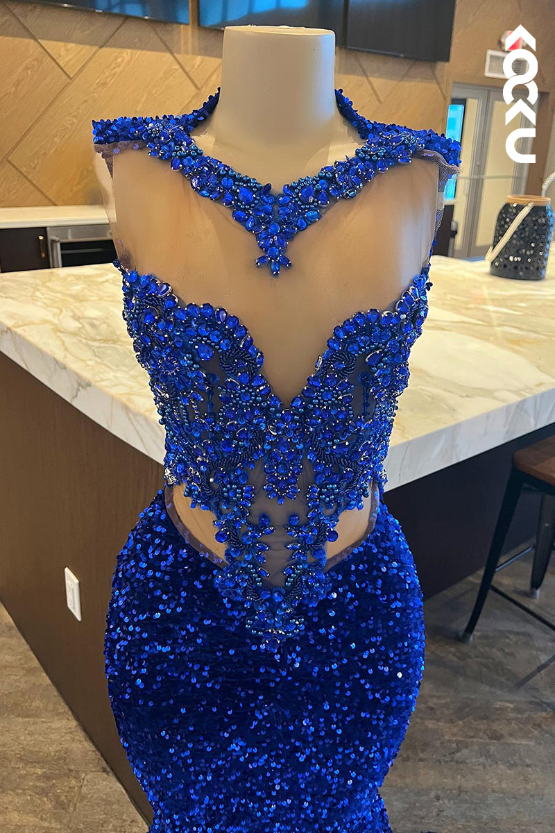 L3017 - Glamorous & Dramatic V-Neck Sleeveless Sequins Royal Blue Mermaid Evening Prom Dress