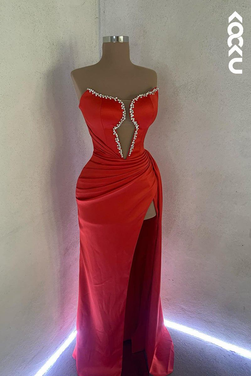 L2772 - Elegant & Luxurious Deep V-Neck Sleeveless Ruched Side Slit Formal Prom Dress With Rhinestones