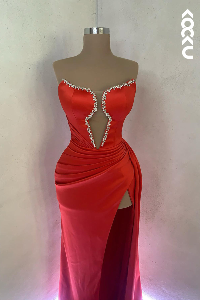 L2772 - Elegant & Luxurious Deep V-Neck Sleeveless Ruched Side Slit Formal Prom Dress With Rhinestones