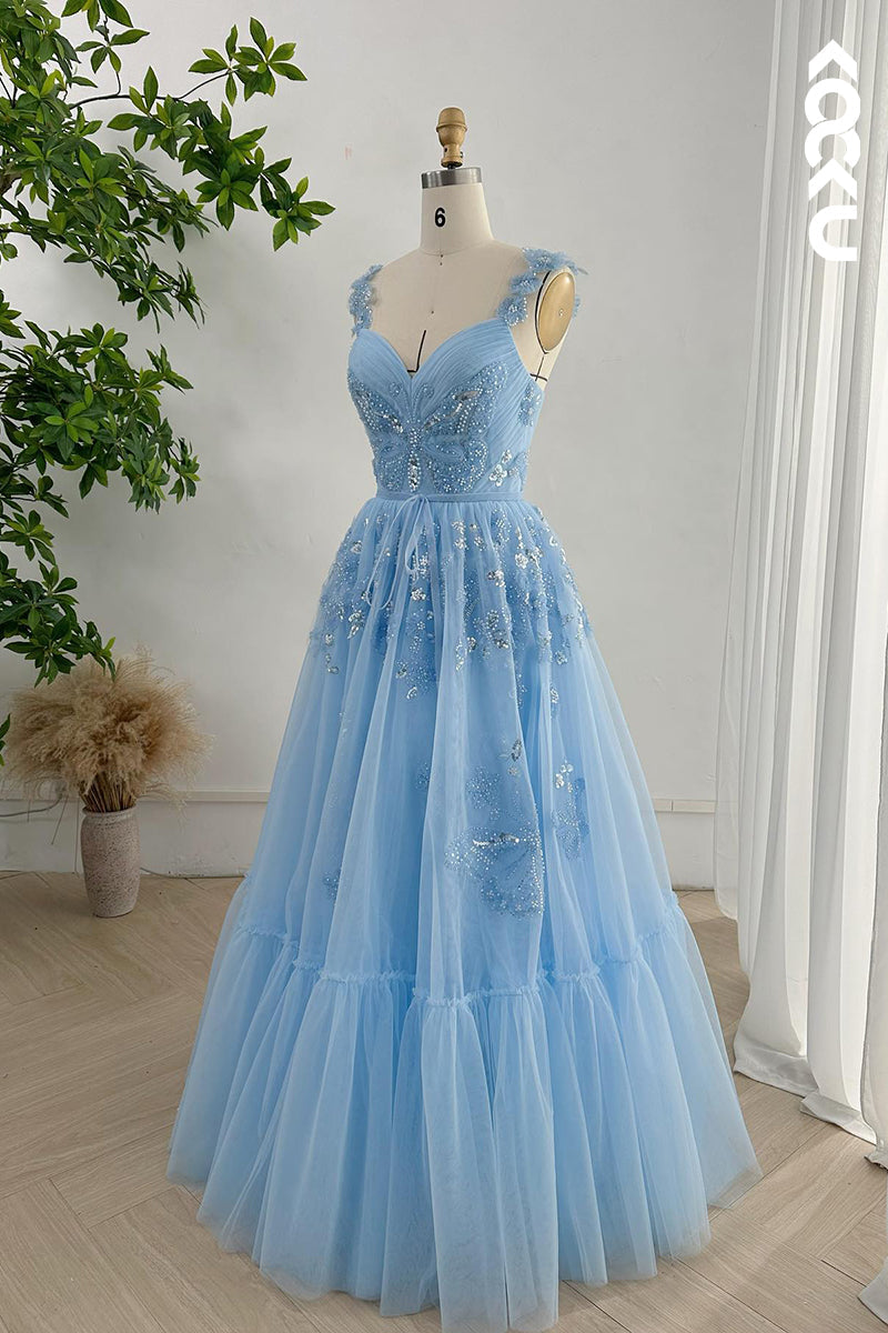 L2686 - A-Line V-Neck Straps Appilique Tulle Formal Party Prom Dress