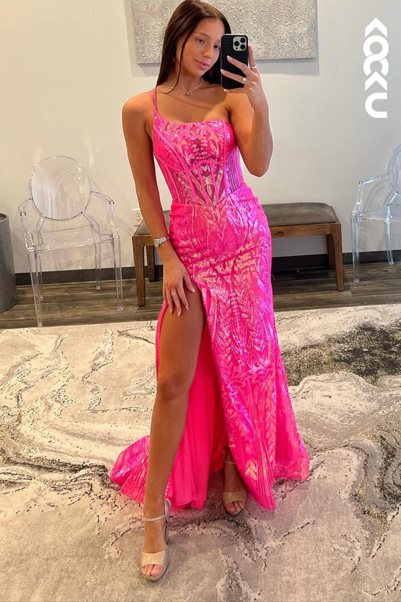 L2644 - Chic & Modern Spaghetti Straps Sparkly Backless Sheath Slit Sequins Evening Party Prom Dress