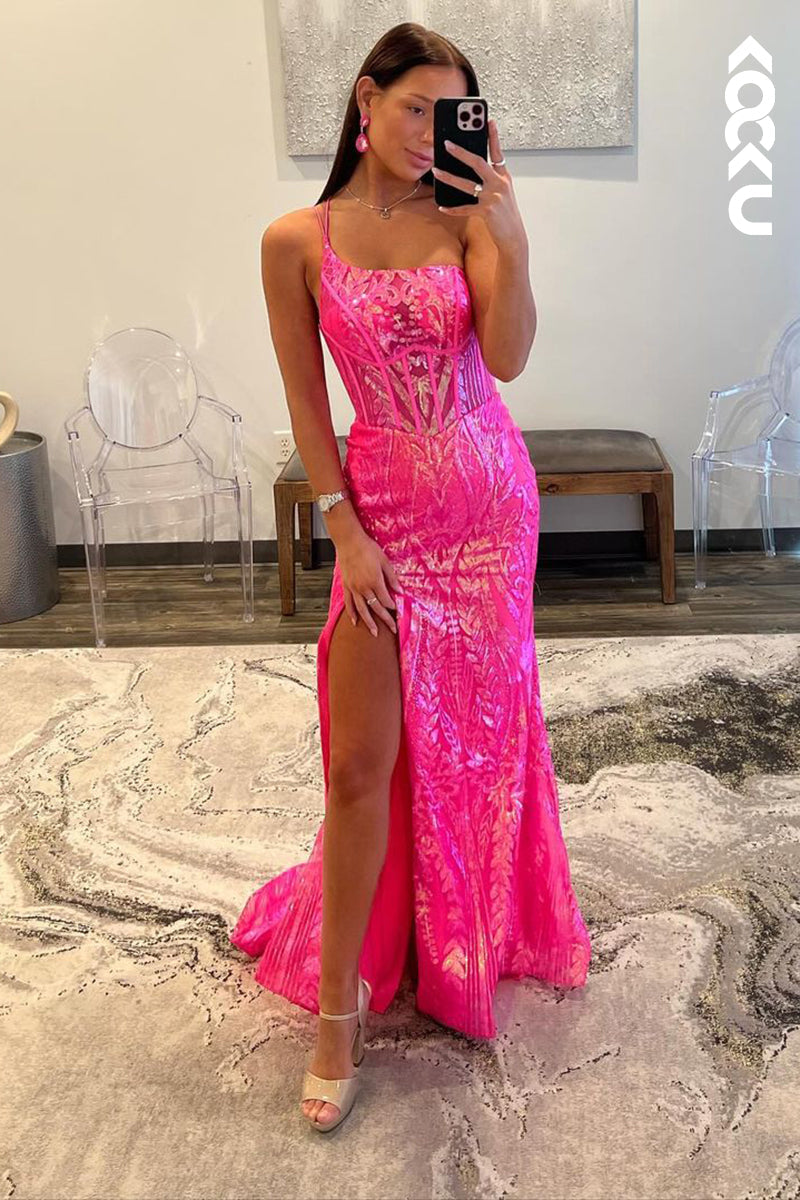 L2644 - Chic & Modern Spaghetti Straps Sparkly Backless Sheath Slit Sequins Evening Party Prom Dress