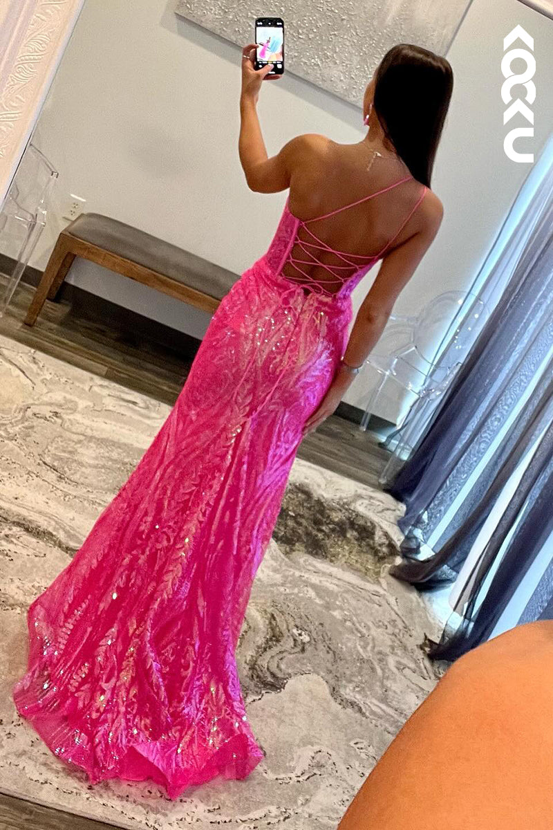 L2644 - Chic & Modern Spaghetti Straps Sparkly Backless Sheath Slit Sequins Evening Party Prom Dress