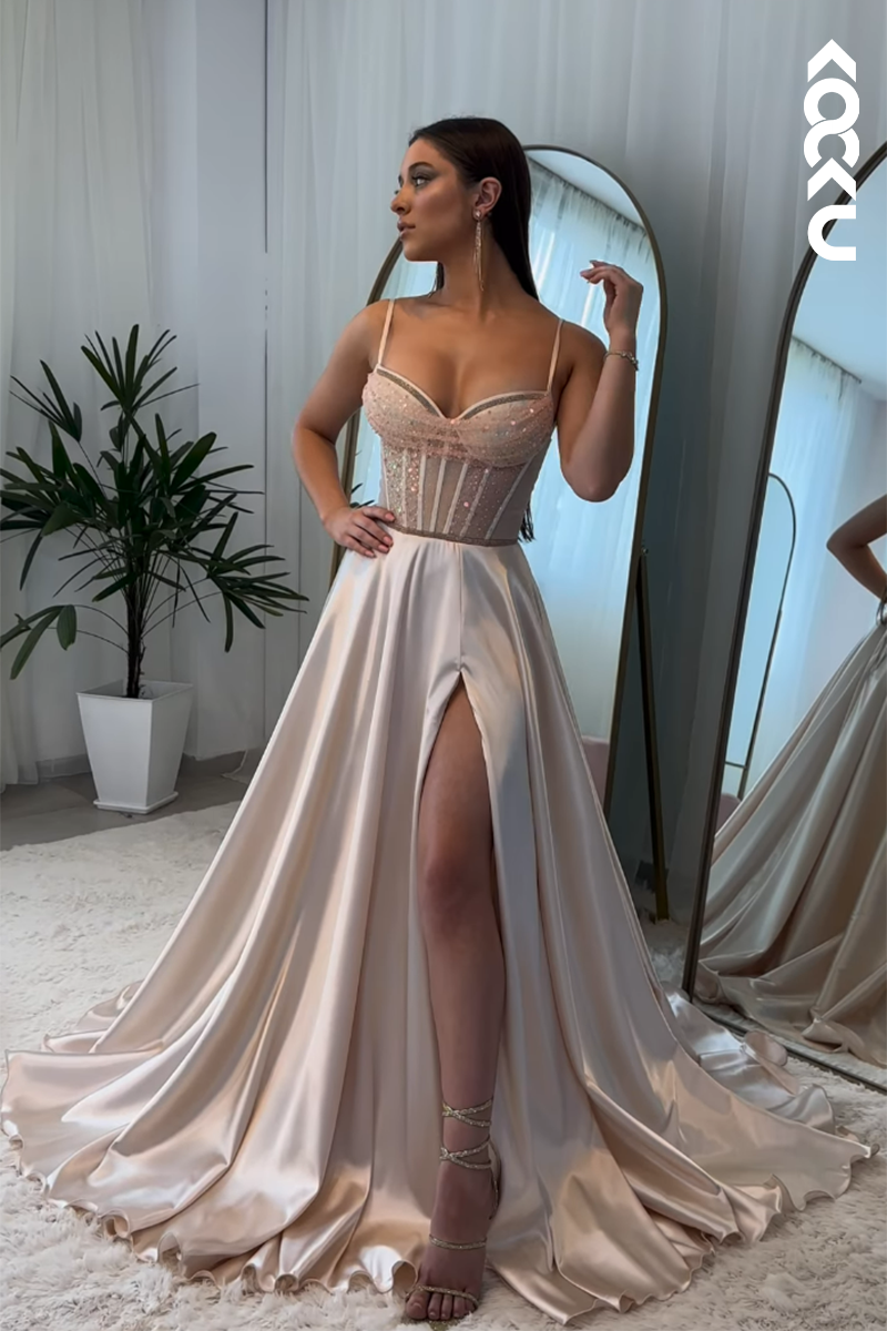 L2862 - Gorgeous & Charming A-Line Spaghetti Straps Slit Formal Prom Dress