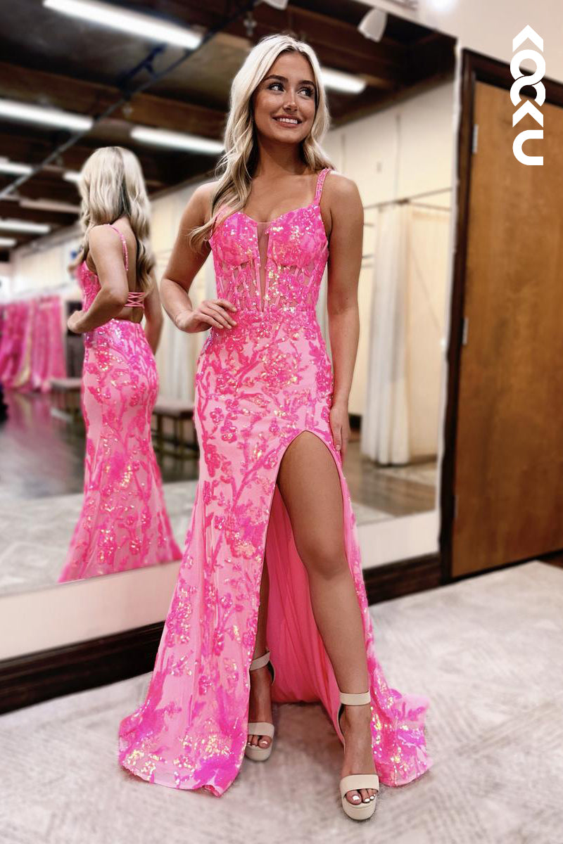 L2867 - Trumpet/Mermaid Couture & Ornate Spaghetti Straps Square Slit Sequins Evening Party Prom Dress