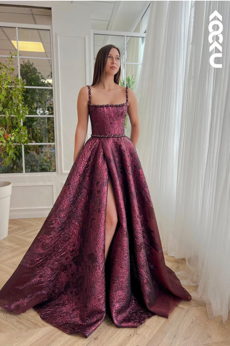 L2429 - Chic & Morden Spaghetti Straps Square Long A-line Formal Prom Dress With Side Slit