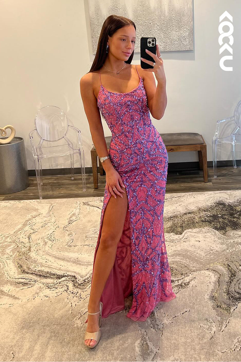 L2652 - Couture & Ornate  Spaghetti Straps Scoop Sheath Sparkly Beaded Slit Party Prom Dress
