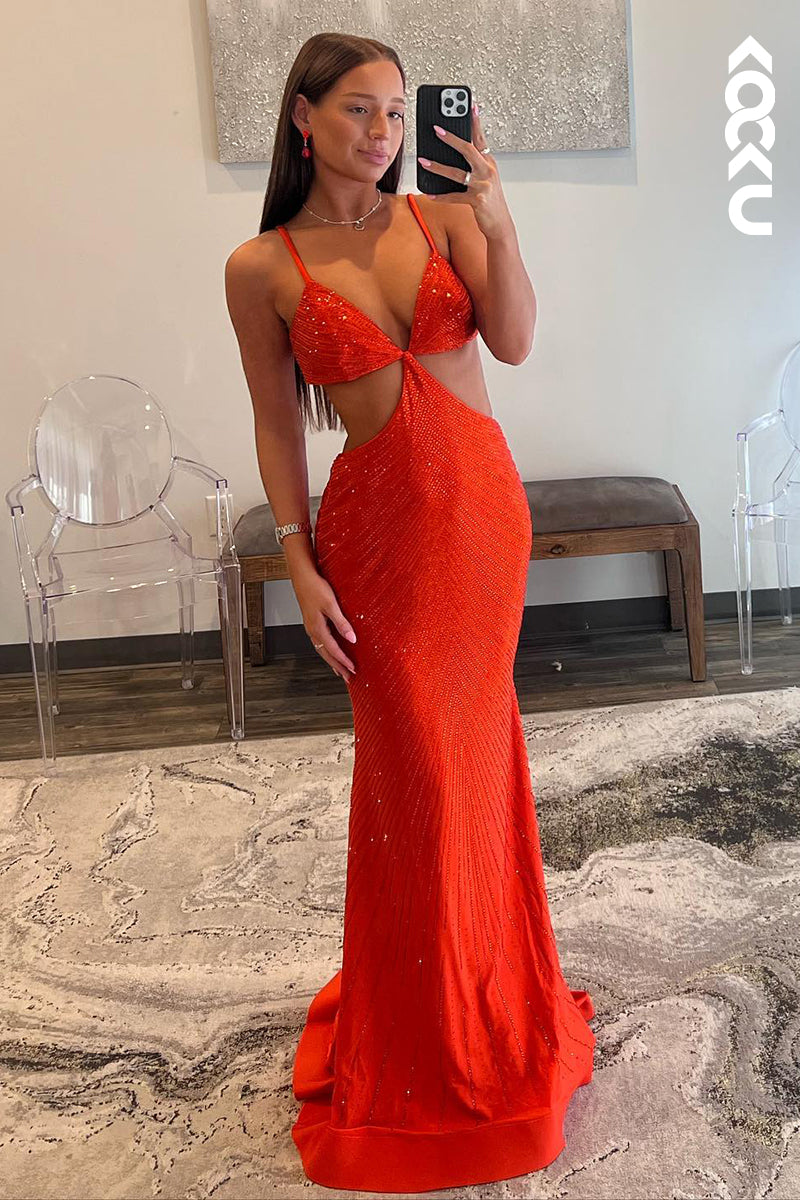L2426 - Sexy & Sparkil Spaghetti Straps V-Neck Trumpet Evening Party Prom Dress