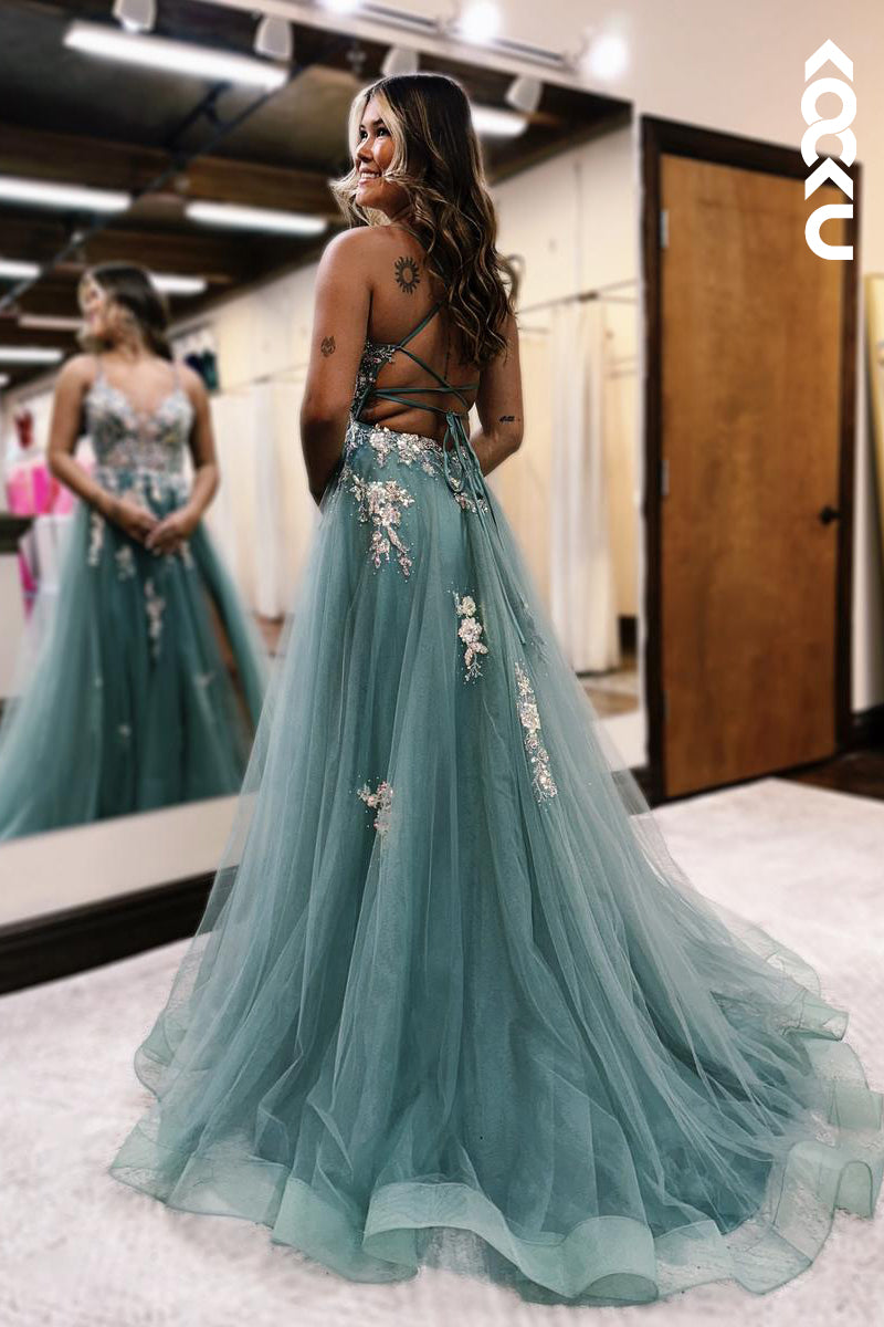 L2626 - Couture & Ornate V-Neck A-line Tulle Criss-Cross Straps Tulle Party Prom Dress With Applique