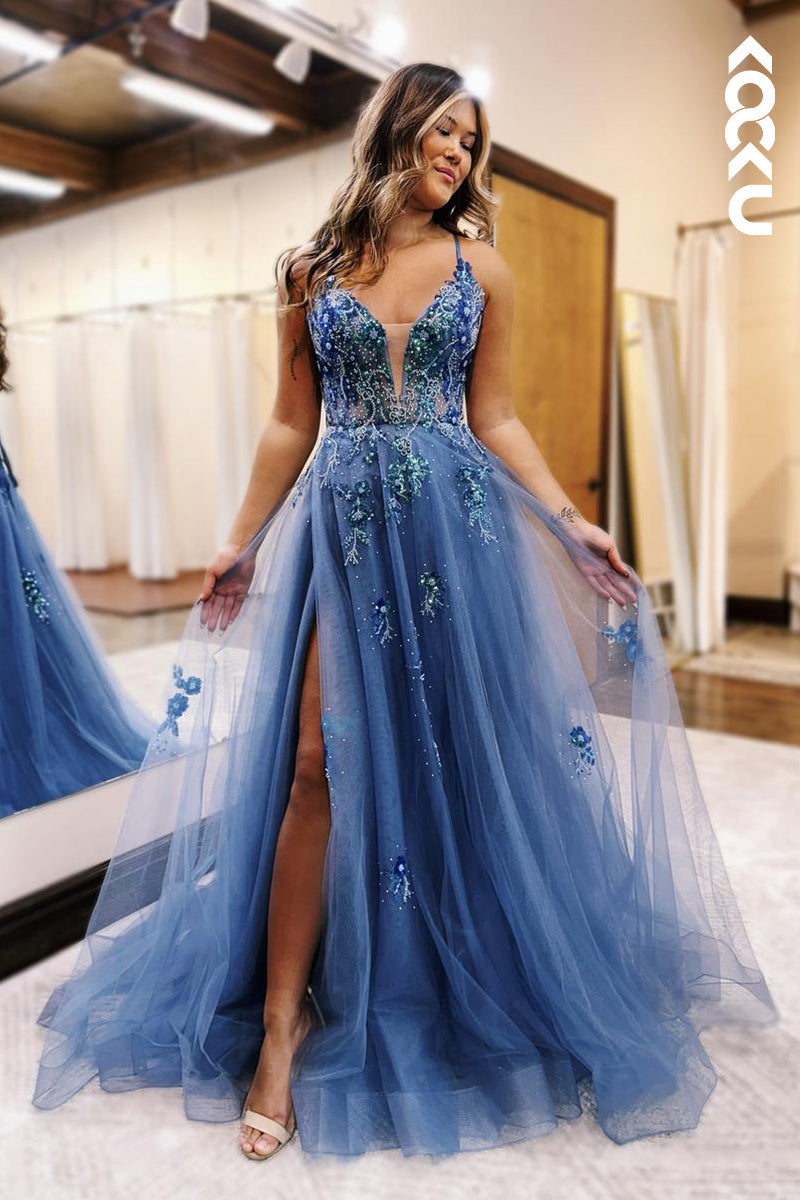 L2626 - Couture & Ornate V-Neck A-line Tulle Criss-Cross Straps Tulle Party Prom Dress With Applique